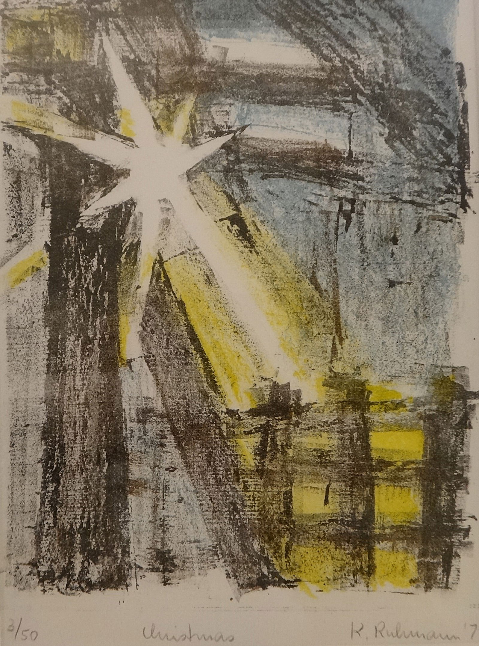 Karen Ruhmann LE Abstract Lithograph: “Christmas??.: Karen Ruhmann (1943-2012) LE Abstract Expressionist Colored Lithograph: “Christmas”. Pencil signed, titled, dated ’79 (1979) & Limited edition #3/50. Measures 8 ¾” x 6