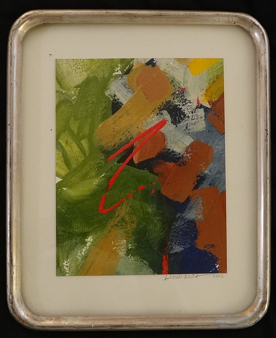 Anna Leonhardt Abstract oil. Signed in pencil, 2006: Early Anna Leonhardt (1981 - ) Abstract oil on artist board. Signed in pencil lower right & dated 2006. Painting size is 8” x 6 ½”. Original distressed silver leafed wood frame is