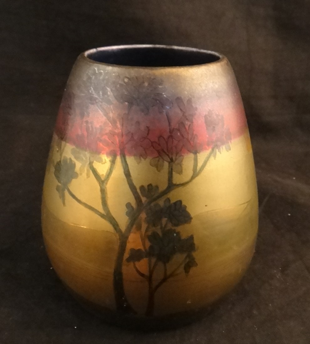 1920’s Weller La Sa Art Nouveau Pottery Vase: 1920’s Weller La Sa Art Nouveau Pottery Vase with a painted landscape with large tree with multi colored iridescent glaze in golds, reds & browns. 3 ¾” tall, 3” dia.