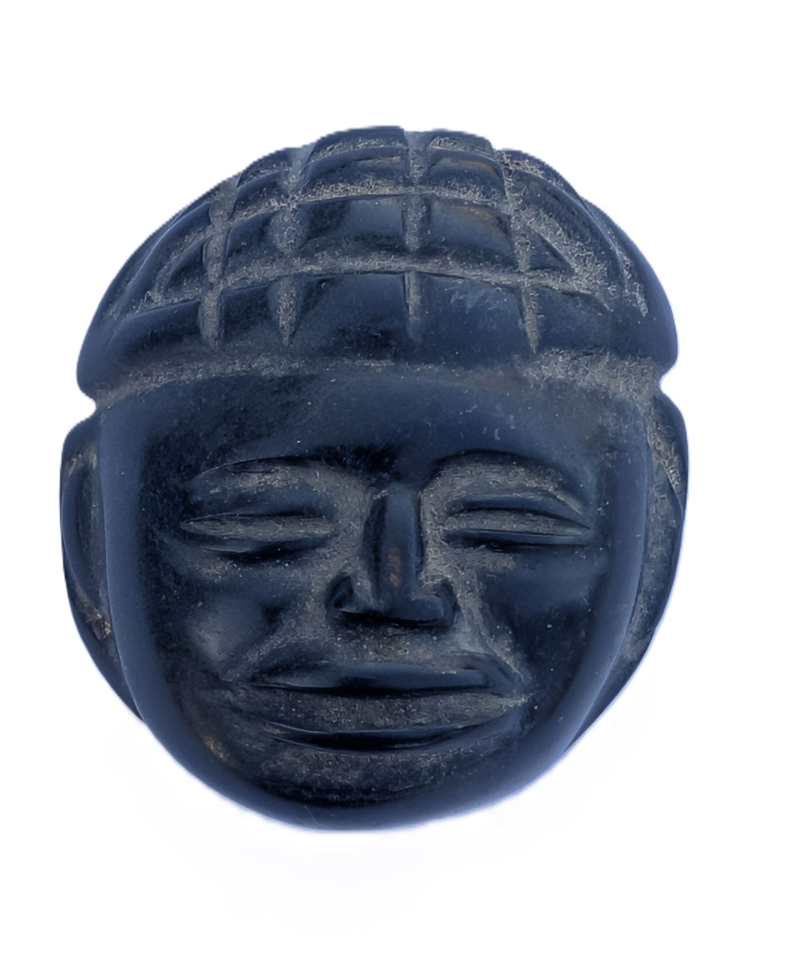Ancient Pre-Columbian Carved Jade Face with Headdress.: Ancient Pre-Columbian Carved Jade Face with Headdress. Tested as jade. Circa 300-600. 1 5/8" x 1 1/2".
