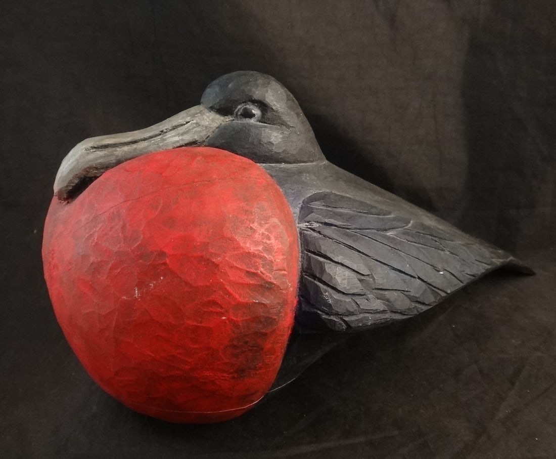 Vtg. Carved Wood Folk Art Male Frigate Bird: Vintage Carved Wood Folk Art Male Frigate Bird Sculpture, black & red paint. 10 ½” L x 6” w x 5 ½” t.