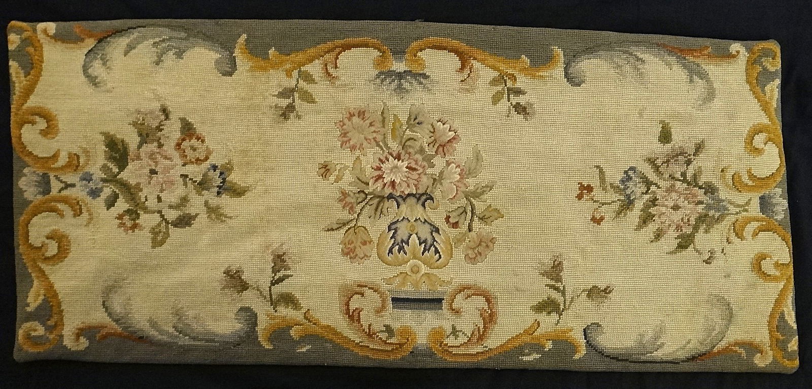 19th c. French Petit point & needle point table runner: 19th c. French Petit point & needle point table runner in a floral design w/backing. 35 ½” wide x 15 ½” wide.