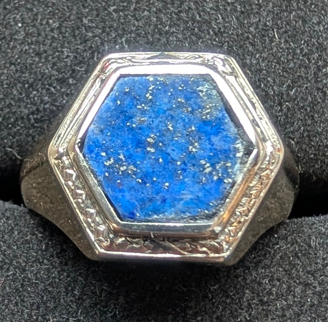 Art Deco 10k yellow gold ring set with a blue lapis stone. Size 5.: Art Deco 10k yellow gold ring set with a 6 sided blue lapis stone. Size 5. 2nd Qtr. 20th cent. Stamped 10k, 6.4 grams.