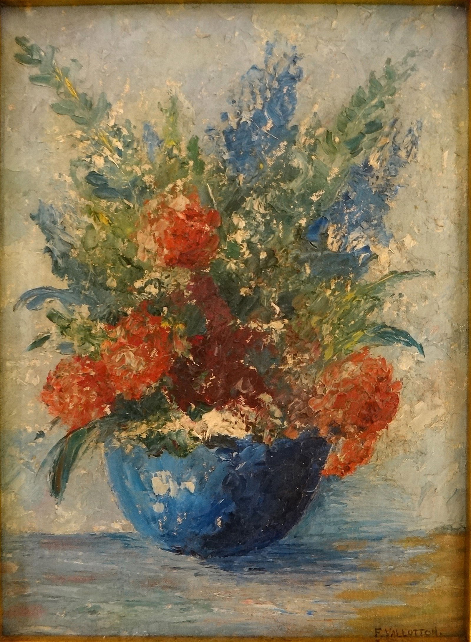 Feliz Vallotton Oil on Canvas -Still life - Vase with Flowers. Signed: Feliz Vallotton (1865-1925) Oil on Canvas -Still life - Vase with Flowers. Signed lower right. 1st Qtr. 20th cent. Painting shown measures 15 1/8” x 11 1/8”. Custom wood frame is 22