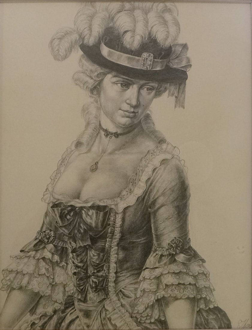 Antique French/European Pencil Drawing of a High Society lady. Signed: Antique French/European Pencil Drawing of a High Society lady. Artist signed lower right. 19th/early 20th cent. Drawing measures 19 7/8” x 15 3/8”. Custom silver-leafed wood frame is