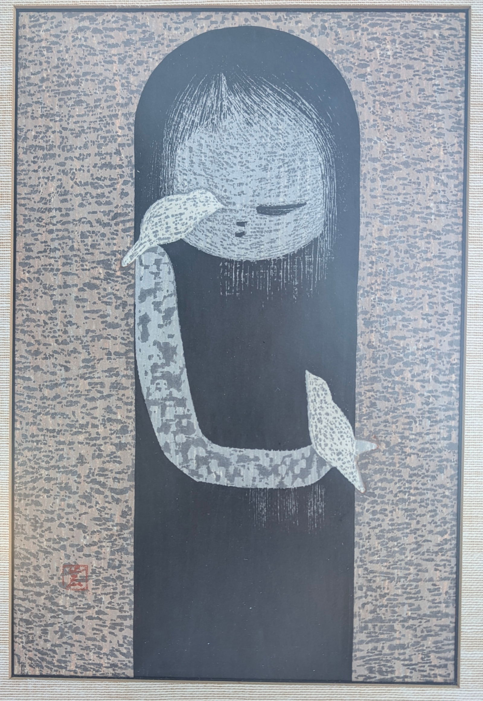 Original Kaoru Kawano Woodblock print of a girl with birds. C. mid-20th c. (1 of 4)