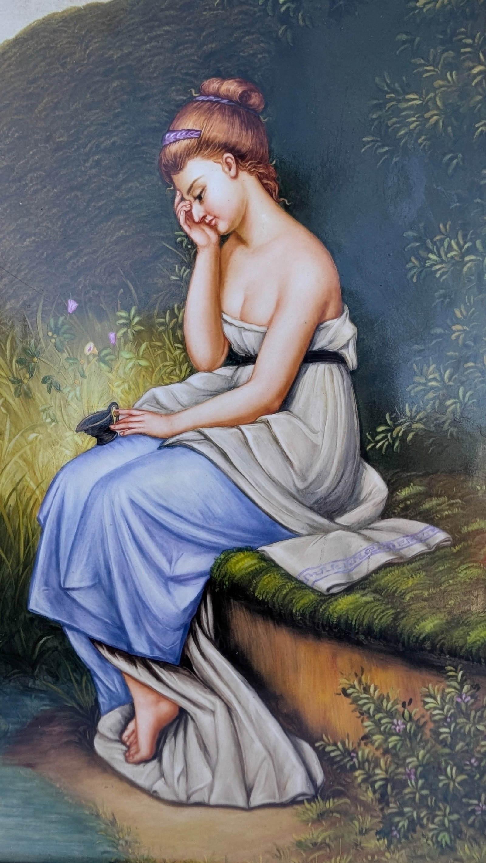 Lg. KPM Porcelain Hand Painted Plaque of a Young Woman by a Lotus Pond. (1 of 5)