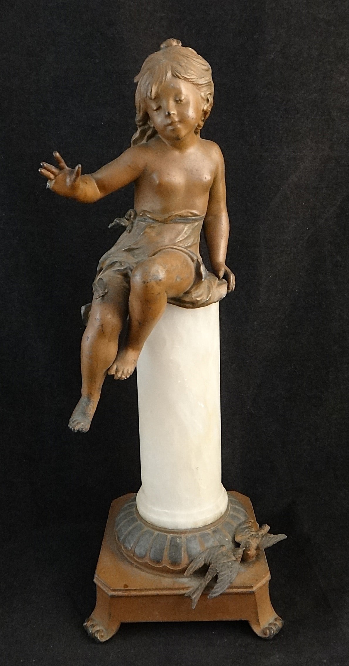 Antique French Bronze Patina Spelter of a Young Girl seated on an alabaster column (1 of 9)