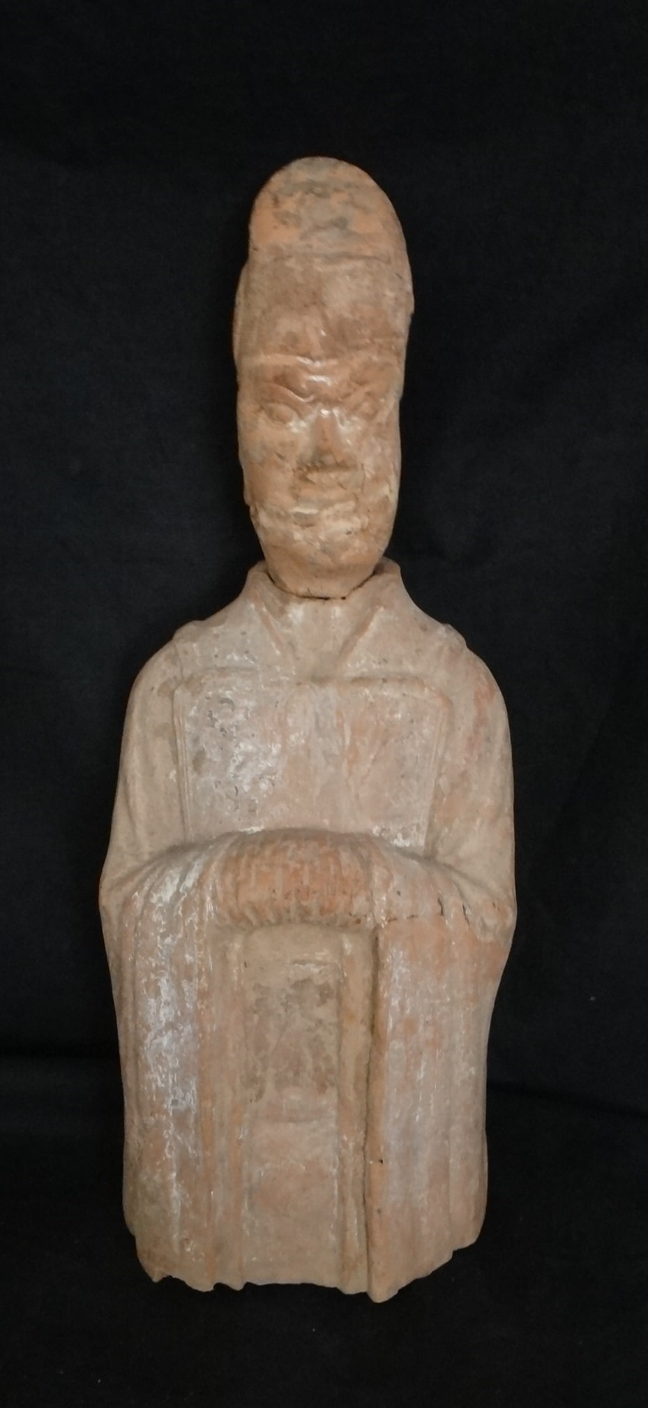 Ancient Chinese Tang Dynasty Pottery Figure Bust. c. 8th/9th c.: Ancient Chinese Tang Dynasty Pottery Figure Bust. Circa 8th/9th Cent. 19” overall height. Body is 12” tall x 7” wide x 6” deep. Head is 7 ½” tall.