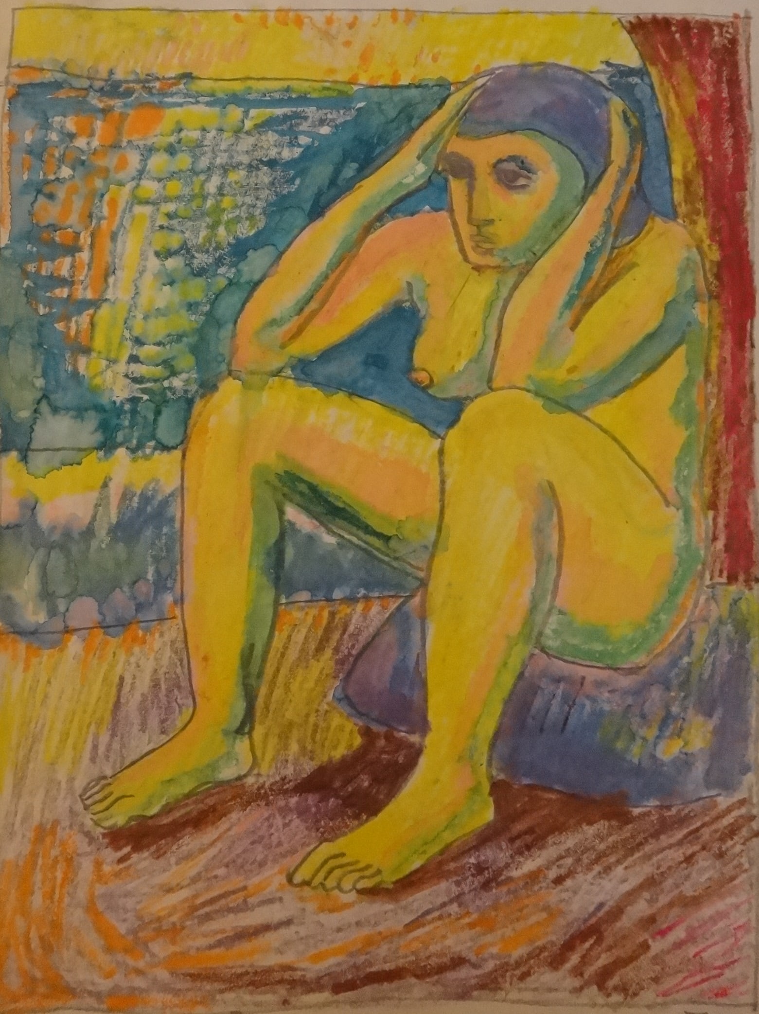 Early Original Shirley Z. Piniat Art on Paper, Seated female nude: Early Original Shirley Z. Piniat (1925-2017) Art on Paper. Mixed Media, Crayon, Oil Paint, Paint on paper. Seated female nude, 11” x 8 ½” thin paper. Pencil on bottom “12T67. Poss
