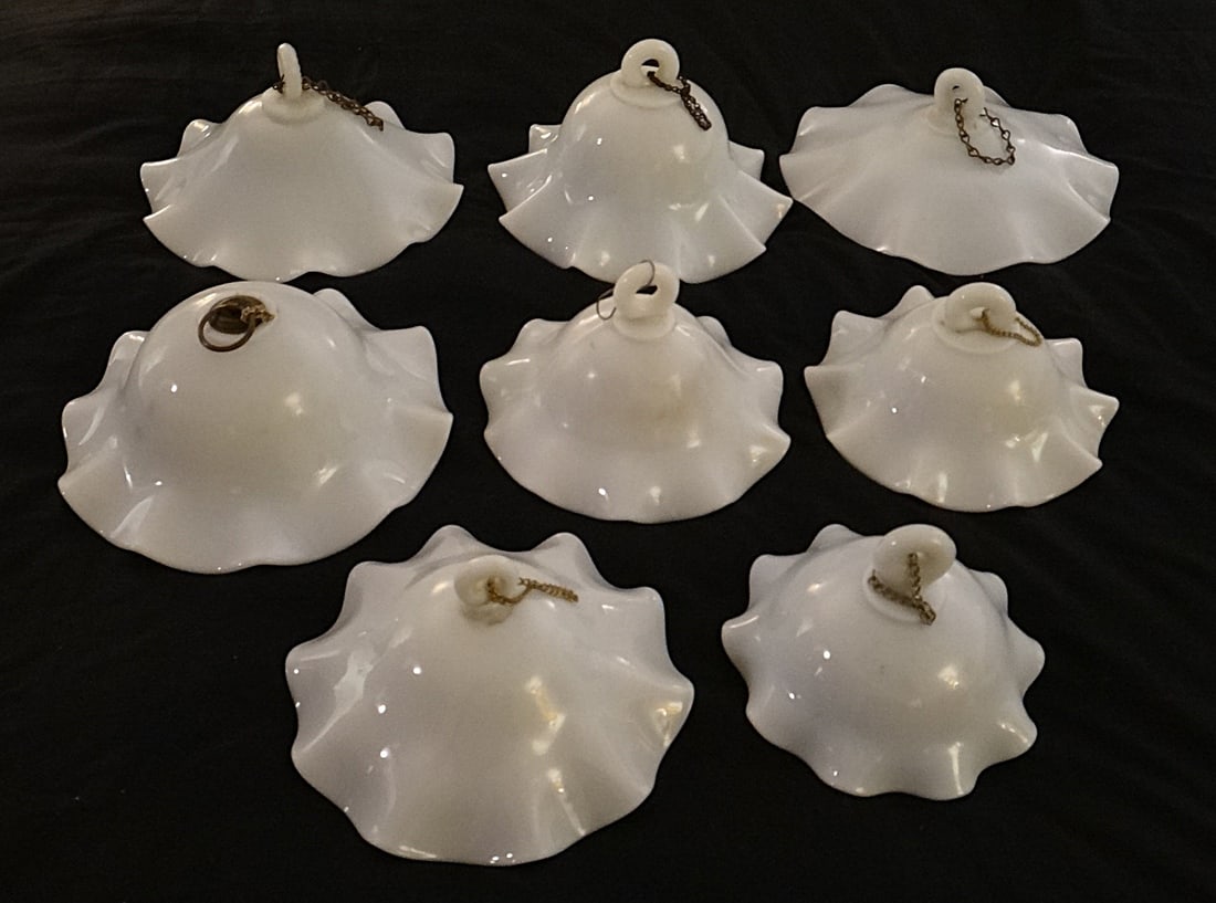 8 - 1800’s Blown Milk Glass Kerosene Lamp Smoke Catchers: Set of 8 - 1800’s Blown Milk Glass Kerosene Lamp Smoke Catchers. All with ruffled edges. 2 – 8”, 3 – 7”, 3 – 6”