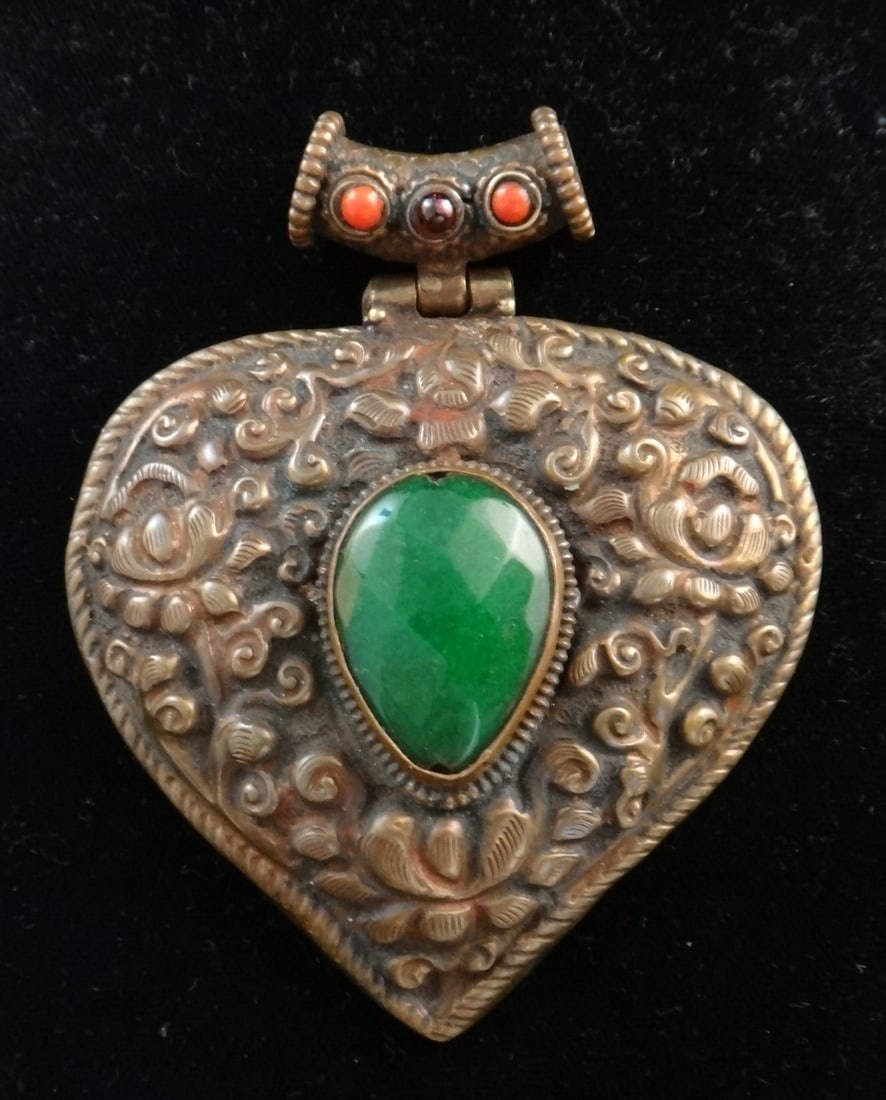 Old Tibetan Copper Hand Repousse Pendant w/Large Natural Emerald (1 of 4)
