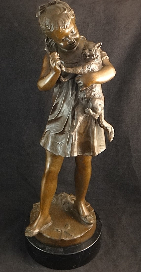 Lg. Vintage French Bronze Sculpture of a Young Girl & Cat (1 of 7)