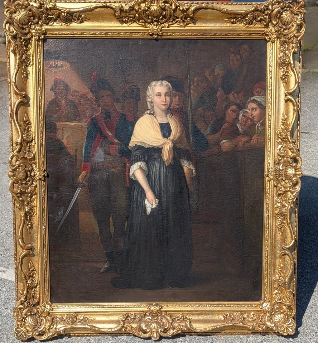 Antique French Oil - Queen Marie Antoinette at her Tribunal in 1793: Antique French Oil on Canvas of Queen Marie Antoinette at her Tribunal in 1793 with solders & spectators present. The solders are holding sabers & rifles. Attributed to Paul Delaroche (1797-1856), a n