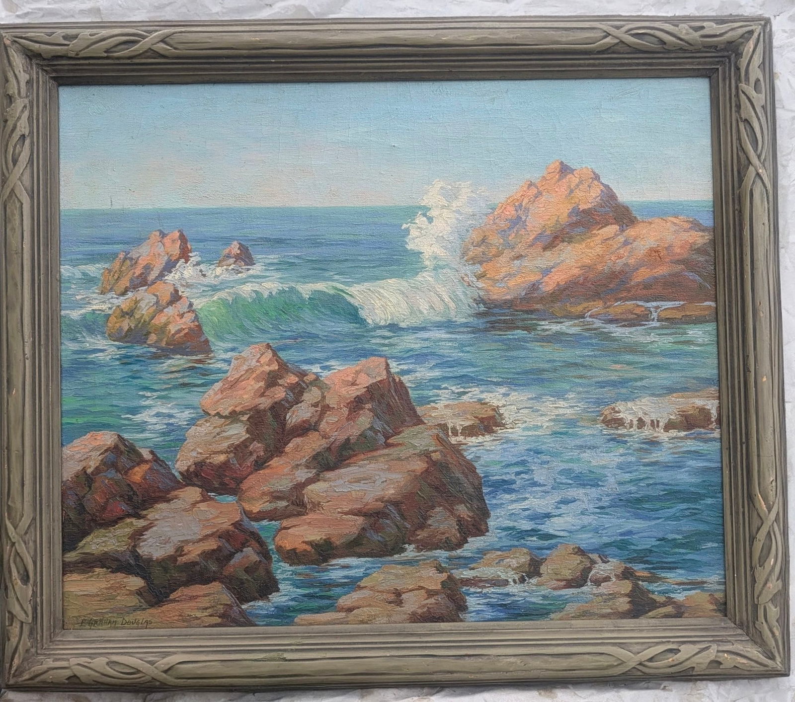 Earl Graham Douglas Oil of a Southern CA seascape titled: At Balboa, CAL. Signed.: Antique Earl Graham Douglas (1879-1954) oil on canvas of a seascape with waves crashing on a rocky shore titled: At Balboa, CA. Original Label on the back of stretcher. He was a prominent So. CA