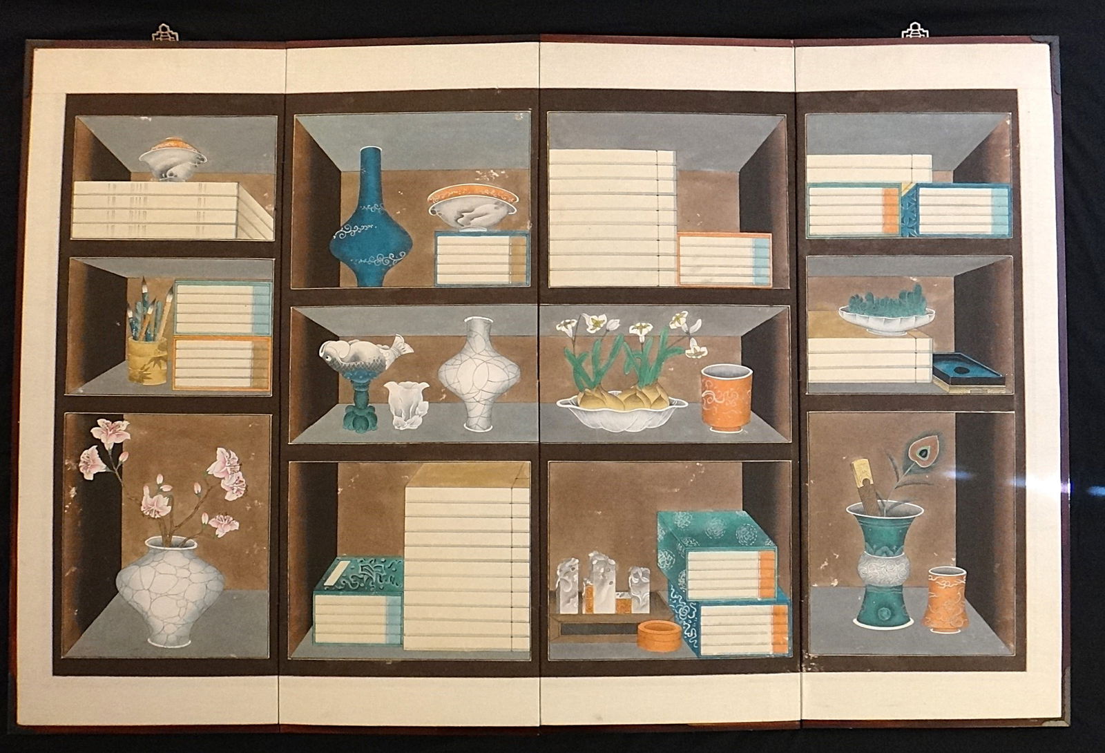 Vintage Korean HP 4 Panel Screen w/Precious Object on Shelves (1 of 15)