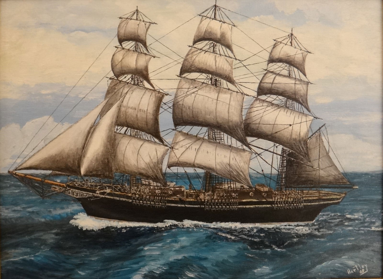 Vintage Signed Oil - 3 Masted Schooner at Sea. Signed (1 of 7)