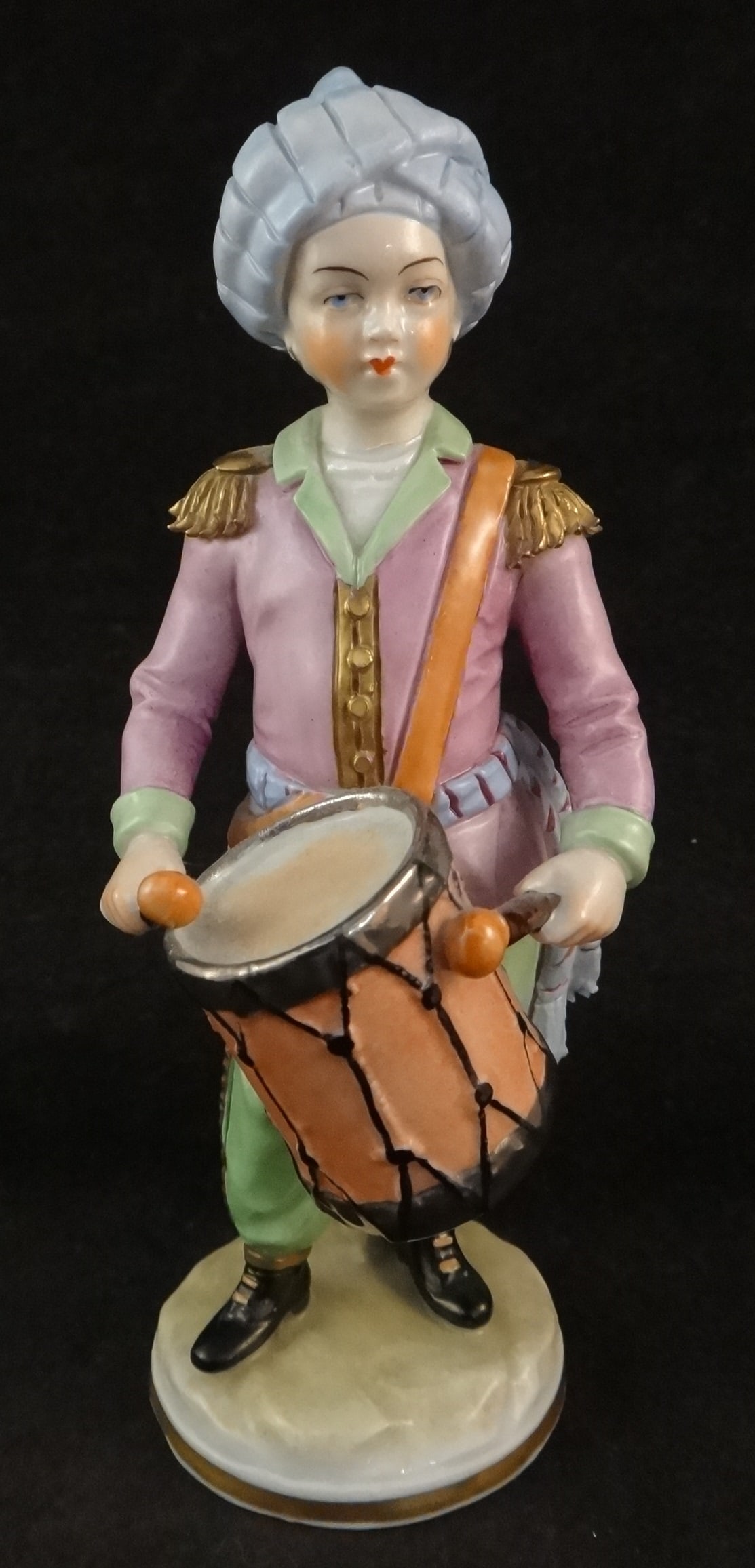 Antique Dresden Hand Painted Drummer Boy: Antique Dresden Hand Painted Drummer Boy. 6 ¼” tall. Very nice colors with gold & chrome painted trim. Marked on bottom.