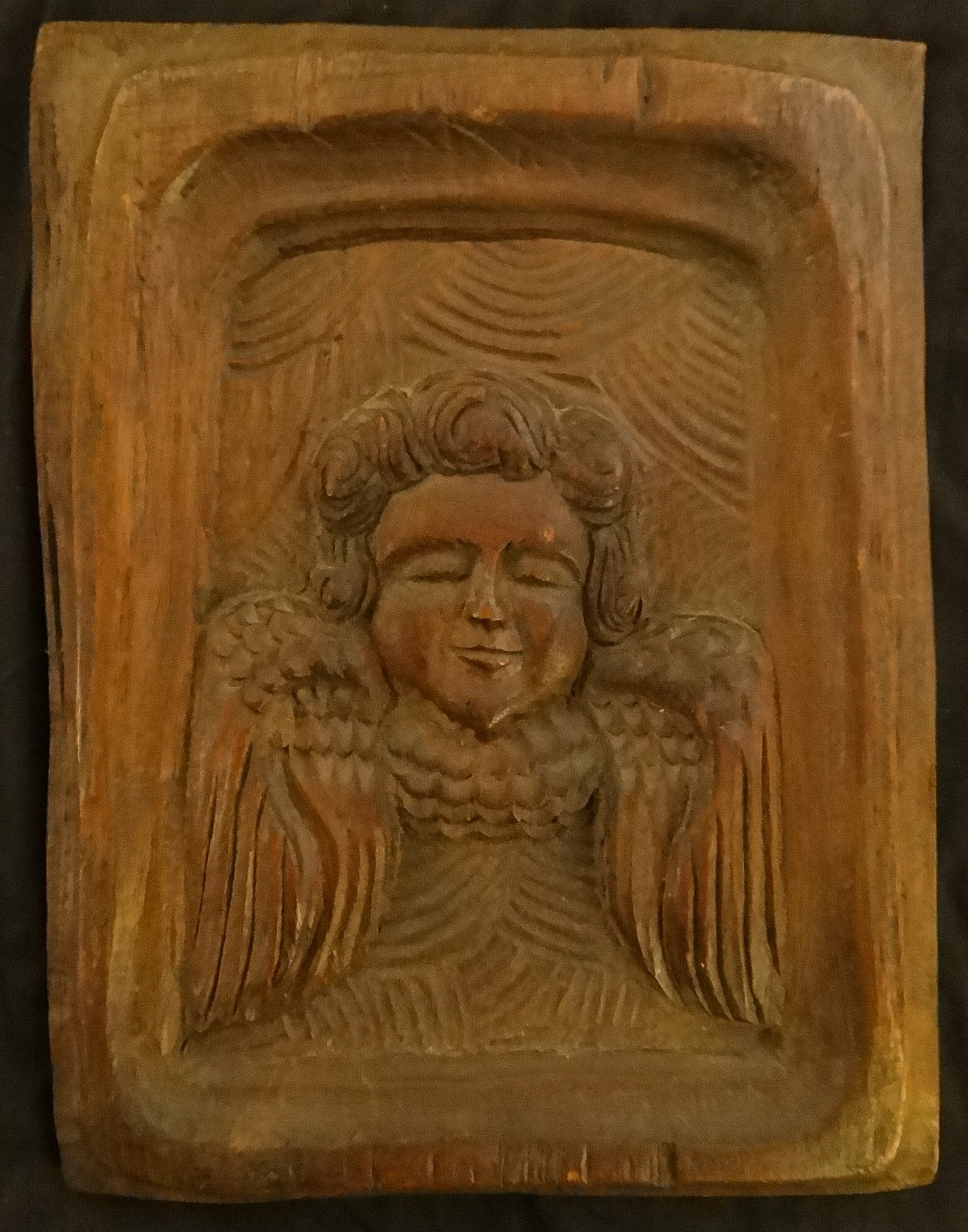 17th/18th cent. Spanish Carved Oak Panel with Angel: 17th/18th cent. Spanish Carved Oak Panel with Angel. 14” x 11”.
