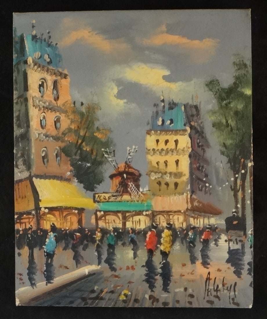 Vintage Signed Oil - Paris Street Scene - Moulin Rouge: Vintage Oil on Canvas – Paris Street Scene - Moulin Rouge. Signed lower right. 10” x 8”. Unframed