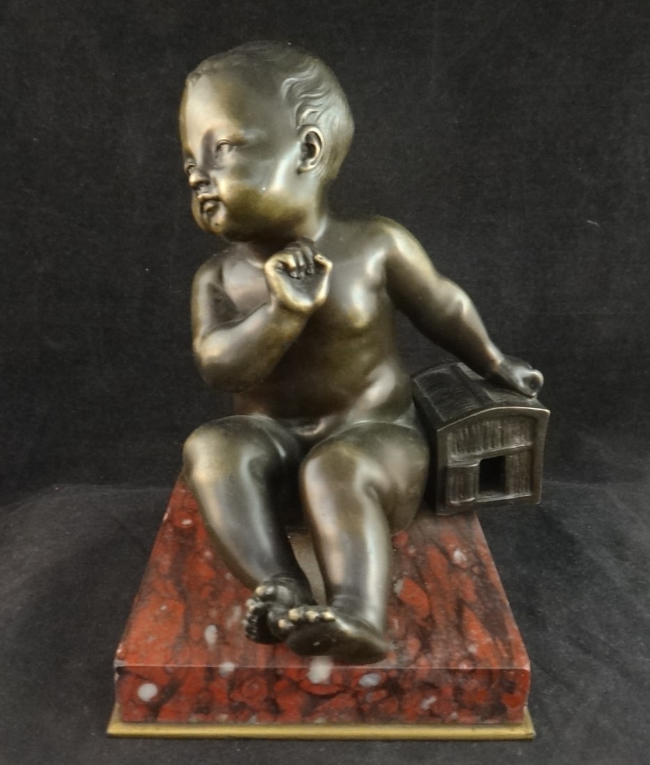 Antique French Bronze Sculpture, Baby & Animal Box.: Antique French Bronze Sculpture, Baby & Animal Box with wonderful patina. It is attached to beautiful rouge incarnate red marble with gilt bronze base plate. Unsigned. Overall measurements are 7