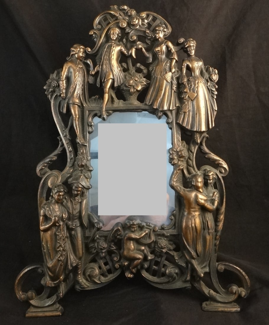 1890’s English Ballroom Dancing Table Mirror - Iron with bronze finish.: 1890’s English Ballroom Dancing Table Mirror - Iron with bronze finish. 14 ½” tall x 11” wide at base. Mirror is 5 ½” x 4”.