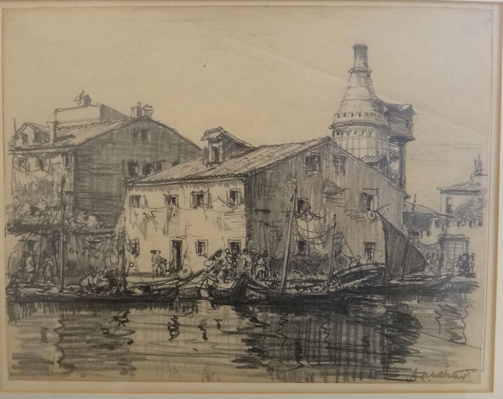 Herman Armour Webster Pencil Drawing - Venice Canal scene, Signed: Herman Armour Webster (1878-1970) pencil Drawing of a Venice Canal scene with buildings & boats. Signed lower right in ink. Circa 1920’s. Drawing measures 10 ¼” x 8”. Old carved w