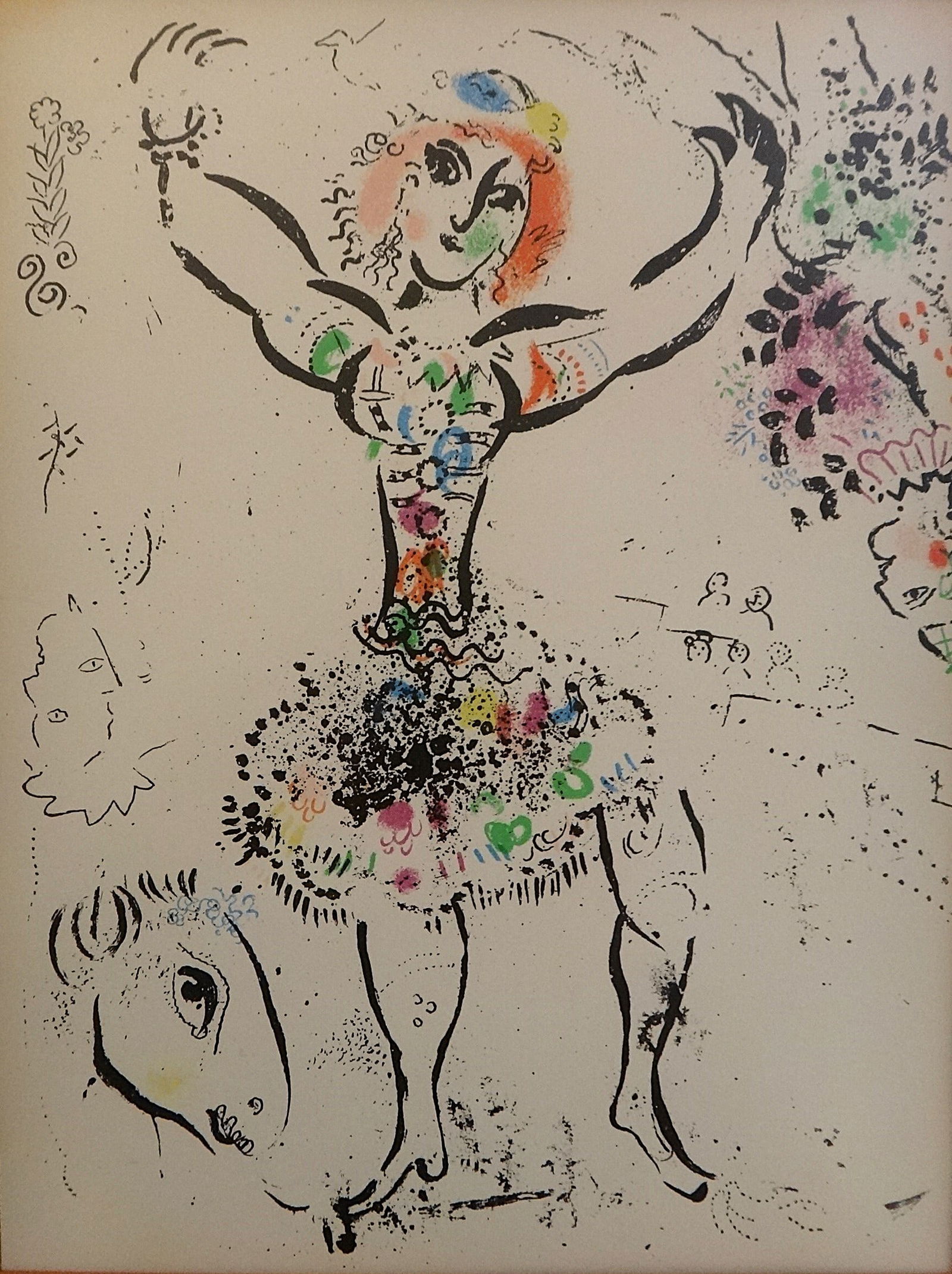 Original Marc Chagall 1960 Colored Lithograph - Lady/Woman Juggler: Original Marc Chagall 1960 Colored Lithograph - Lady/Woman Juggler. Print shown measures 12 ¼” x 9 ¼”. Gold toned frame is 21 ¼” x 16 5/8”.