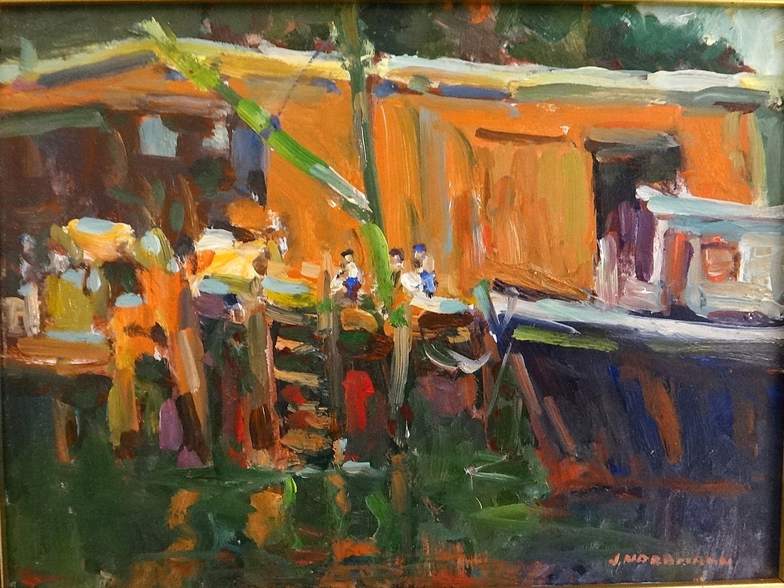 Joseph Nordman Oil – At Moss Landing Harbor (Ca) Signed.: Joseph Nordman Oil on Board – At Moss Landing (California) Boats in a harbor. Signed lower right, title on back. Measures 11 1/52” x 8 ½”, Frame is 17 ¼” x 14 ¼