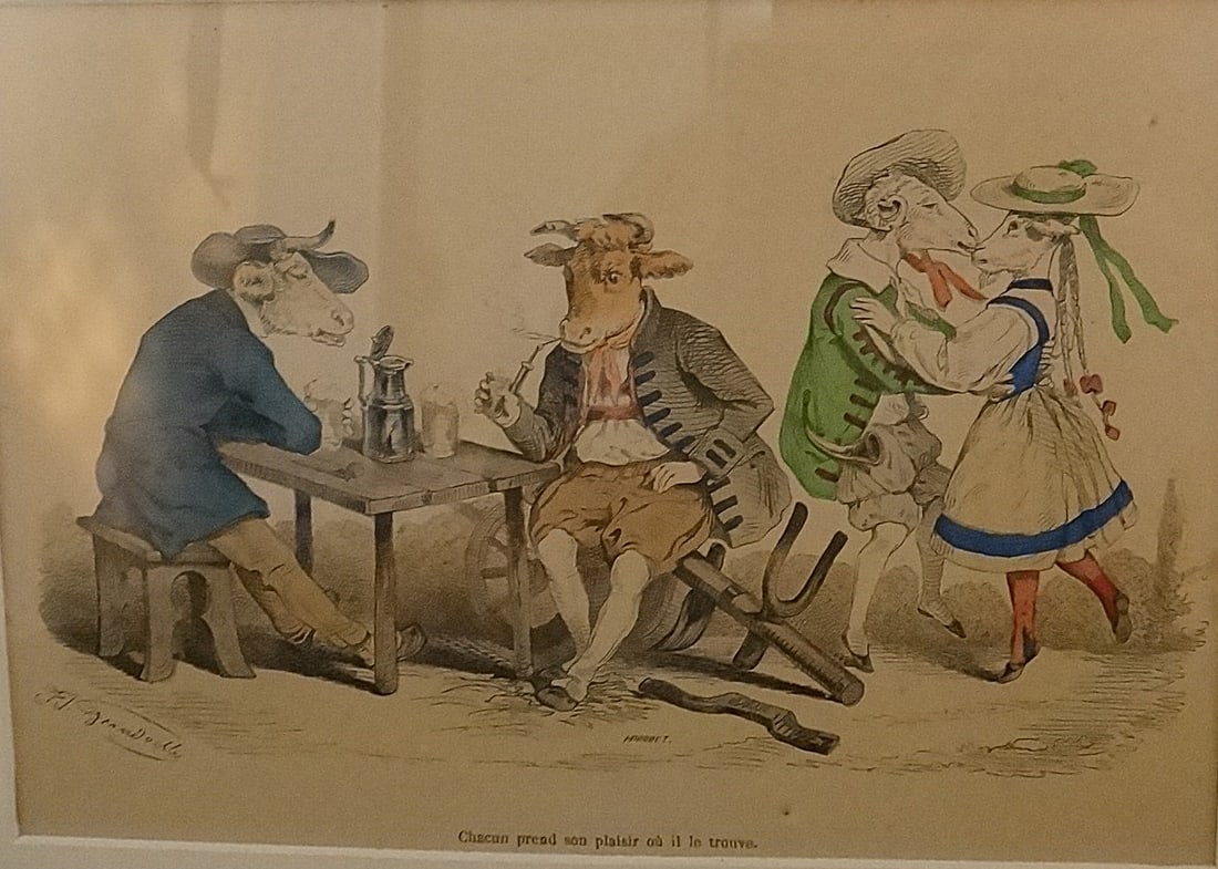 Antique French HC Engraving by J.J. Grandvilleal, Satirical scene of animals: Antique French Hand Colored Engraving by J.J. Grandville (1803-1847). Satirical scene of animals in human clothing in human poses, titled: Chacun Prend son plaisir ou il le trouve. (Everyone finds the