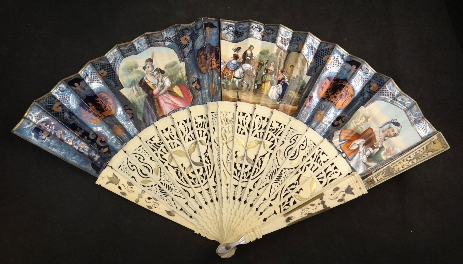 19th c. Italian Fan w/Carved & Pierced Bone Sticks &Lithograph Scenes (1 of 12)