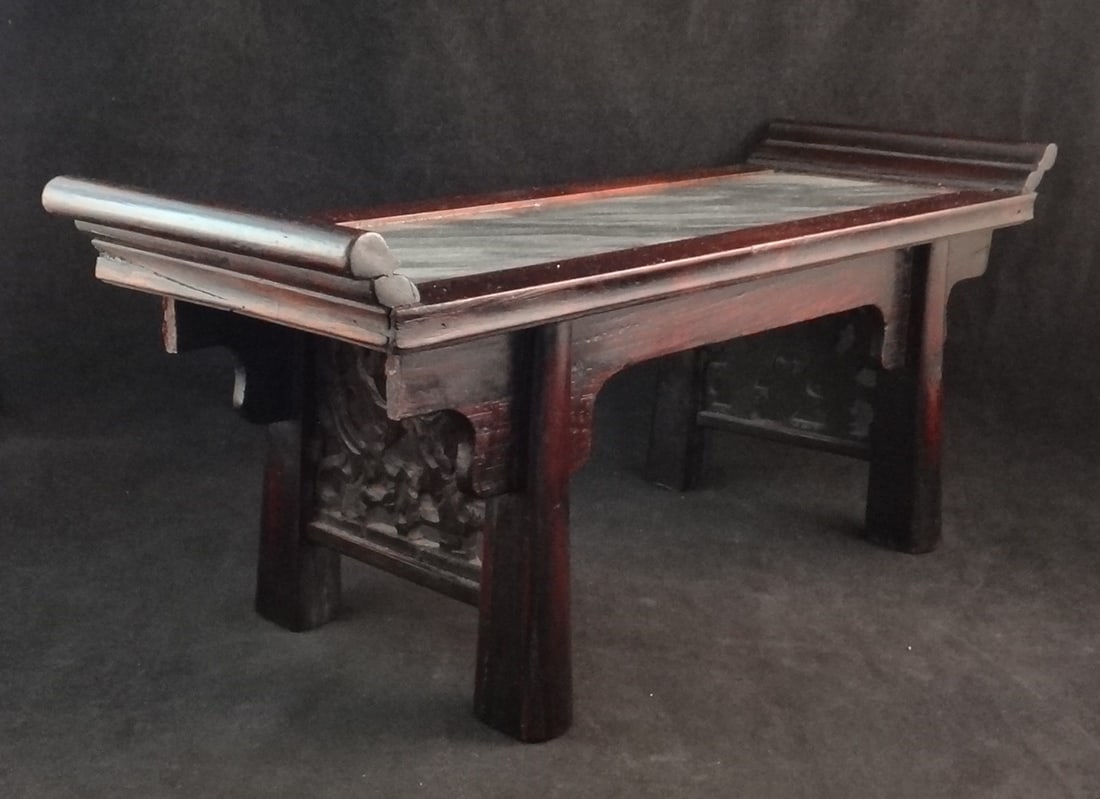 Antique Chinese Miniature Alter Table in Carved Rosewood & Marble Top. (1 of 5)