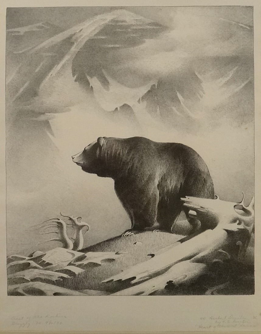 W. Herbert "Buck" Dunton Lithograph: “Crest of the Rockies – Grizzley??. c. 1936: W. Herbert "Buck" Dunton (1878-1936) Lithograph: “Crest of the Rockies – Grizzley”. c. 1936, Taos artist of a grizzly bear by a tree skeleton with snow covered mountains in the distance. Pen