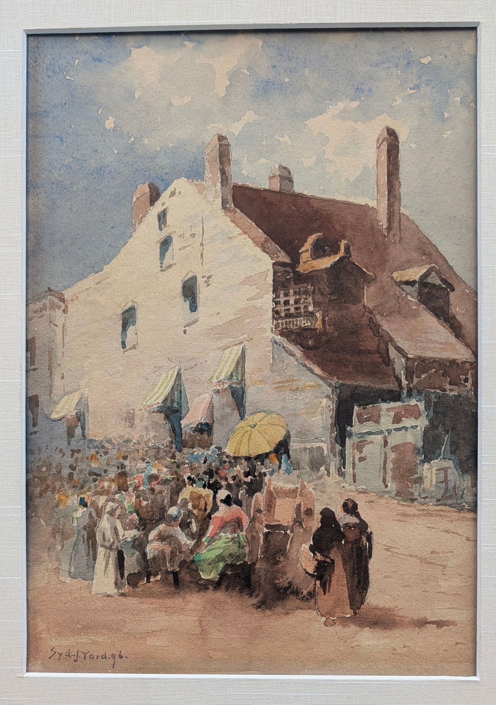 1896 Sydney Janis Yard Watercolor of a Village Scene, Signed.: 1896 Sydney Janis Yard (1855-1909) Watercolor of a Village Scene with people in a town square with buildings. Signed lower left & dated 96 (1896). Paper size – 9 ½” x 11