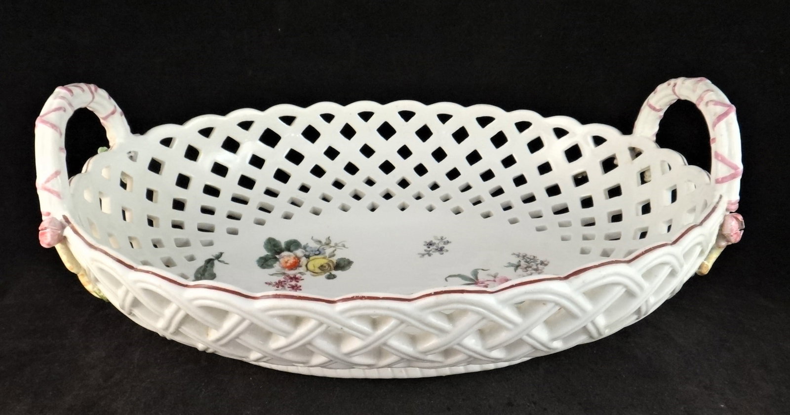 Antique English Chelsea Porcelain Basket: Rare Large 18th cent. Very Fine English Chelsea Porcelain Basket with Hand Painted Flowers & Caterpillar on Leaf. Pierced body with floral decorated handles. 11 ½” x 8 5/8” x 4 &fra