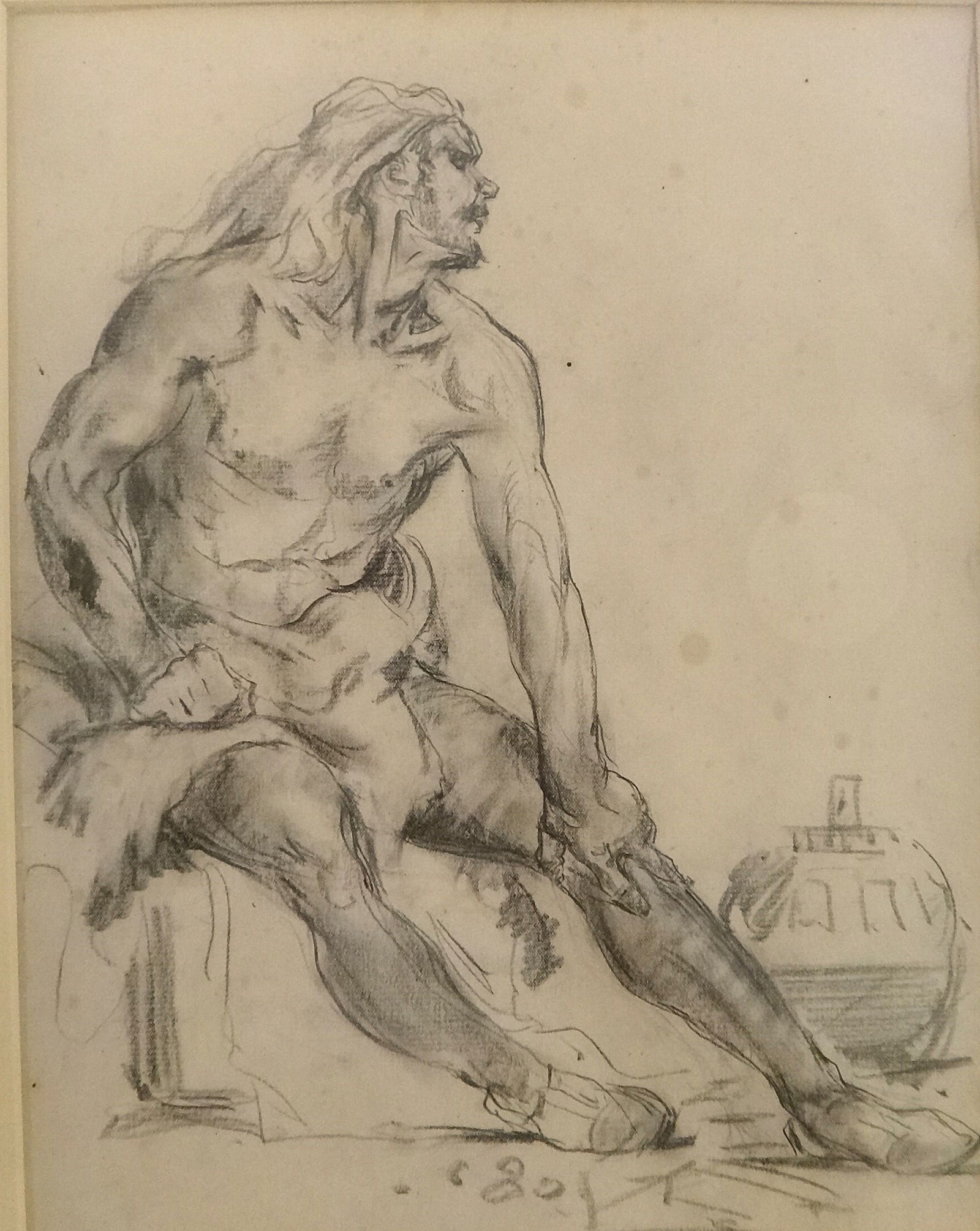 Frank Van Sloun Pencil drawing of a nude male: Frank Van Sloun (1879-1938) Pencil drawing of a nude male, circa 1920’s-1930’s. Drawing measures 13 ½” x 11”. In a gold leafed wood frame, 20 ½” x 16