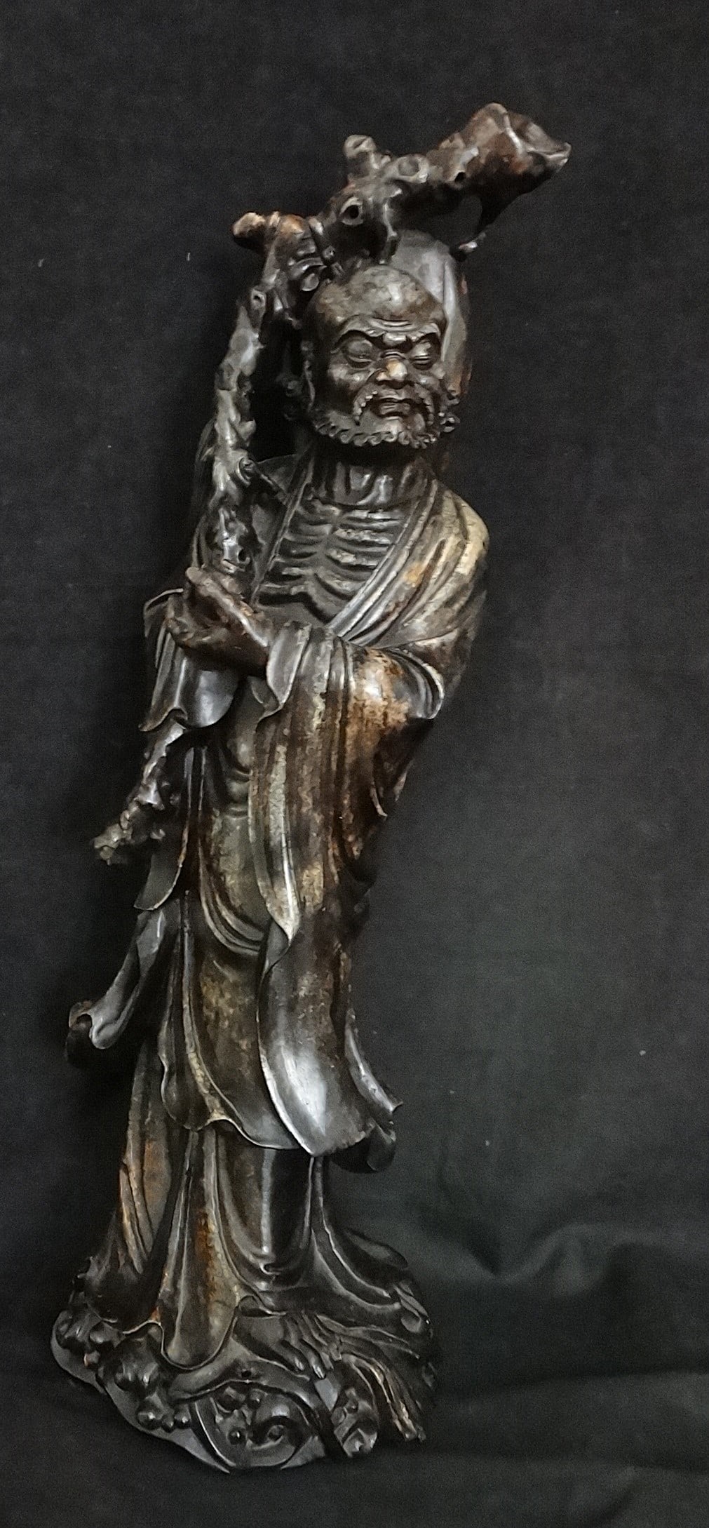 Lg. Antique Chinese Carved Stone Immortal holding a Staff & Peach.: Large Antique Chinese Carved Stone Immortal holding a Staff & Peach. Qing Dynasty (1860-1912), 19 7/8” tall.