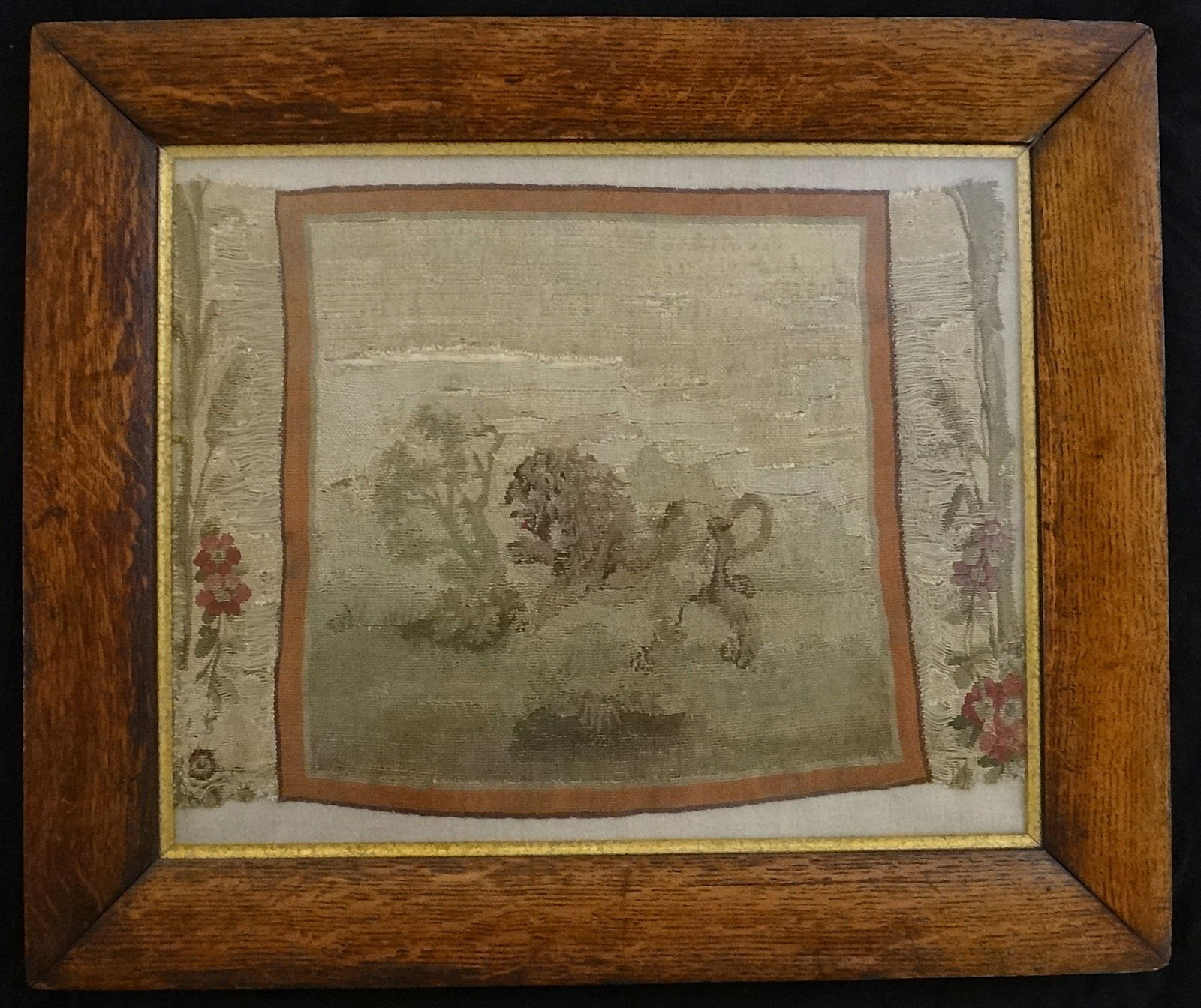 Antique 18th c. French Aubusson Weave Tapestry w/Lion: Antique 18th c. French Aubusson Weave Tapestry with Fierce Lion by a Tree. Circa 1790-1800. Tapestry measures 12” x 18”. Antique Oak Frame is 19” x 22 ½”.