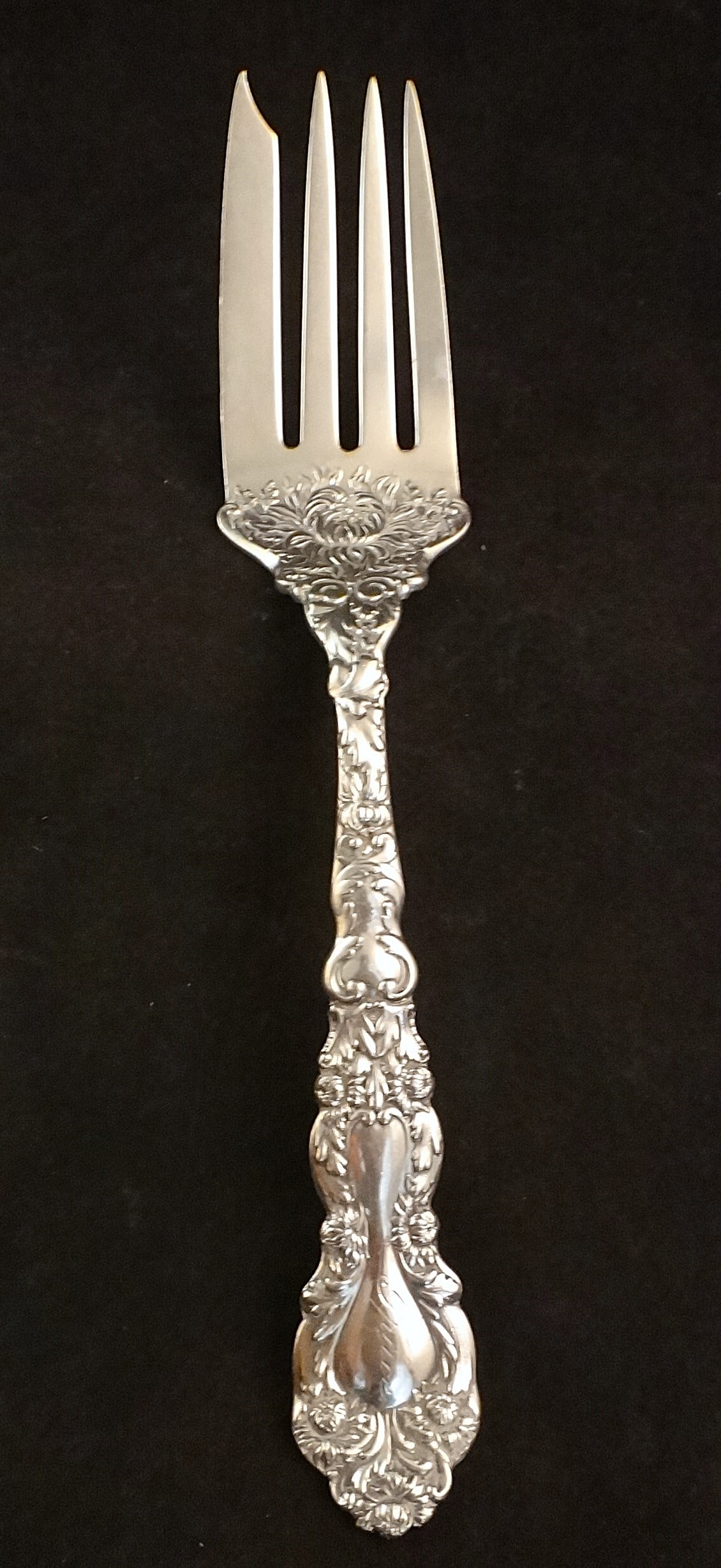 1894 Gorham Serving Fork in the Imperial Chrysanthemum Pattern: 1894 Gorham Serving Fork in the Imperial Chrysanthemum Pattern. Dated Oct. 24, 1894 on handle back. 8 1/8” long. 86.7 grams.