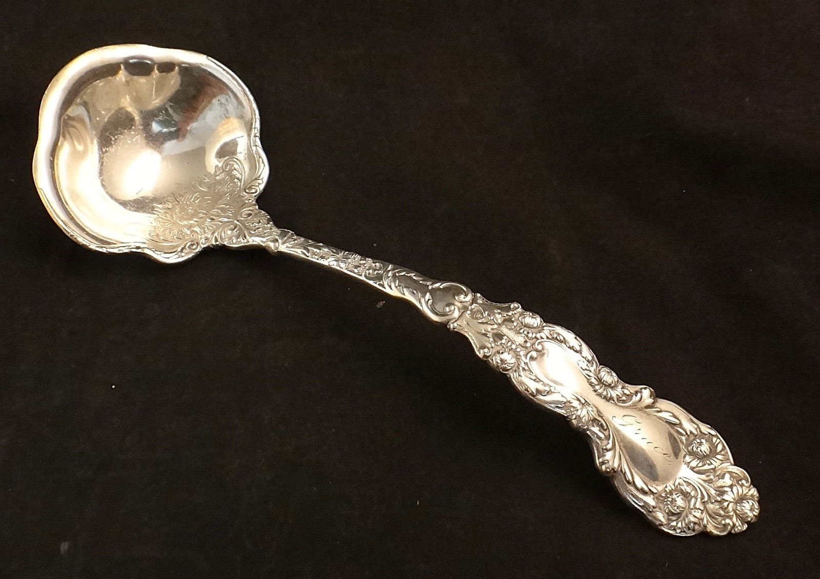 1894 Gorham Ladle in the Imperial Chrysanthemum Pattern: 1894 Gorham Ladle in the Imperial Chrysanthemum Pattern. Dated Oct. 24, 1894 on handle back. 7 1/8” long. 76.9 grams.