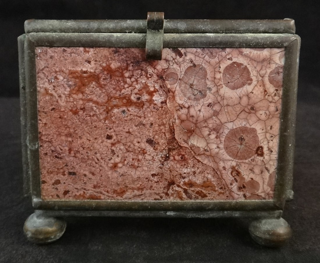 Antique Brass Display Box w/4 Desert Rose Rhyolite Stone side panels: Antique Display Box with 4 Desert Rose Rhyolite Stone side panels in a brass case, Top & bottom clear glass on bun feet with hinged lid. 19th cent. 2 ½” wide x 2 ½” tall x 1