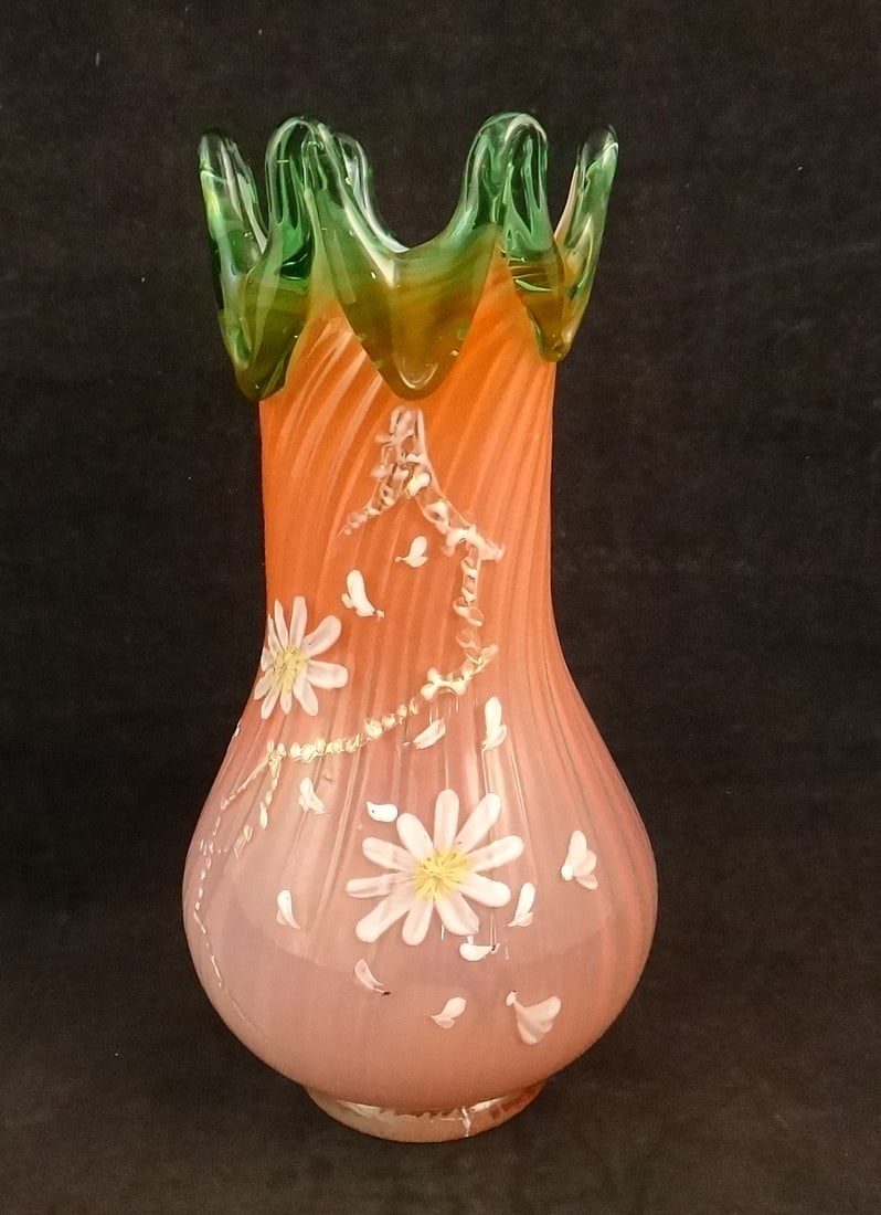 Antique Victorian Era Blown Art Glass Vase w/ painted flowers: Antique Victorian Era Blown Art Glass Vase in shaded pink to lighter opalescent pink bottom & green scalloped rim. Painted white & yellow flowers on one side. Unpolished pontil bottom. 2nd half 19th