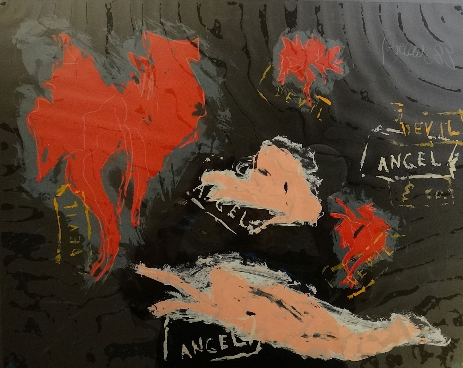 1983 Modernist- Double Sided Painting on Glass. “Devil?? & “Angel: 1983 Modernist- Double Sided Painting on Glass. One side abstract painting with multiple words of “Devil” & “Angel”, the other is similar abstract painting. Signed one side