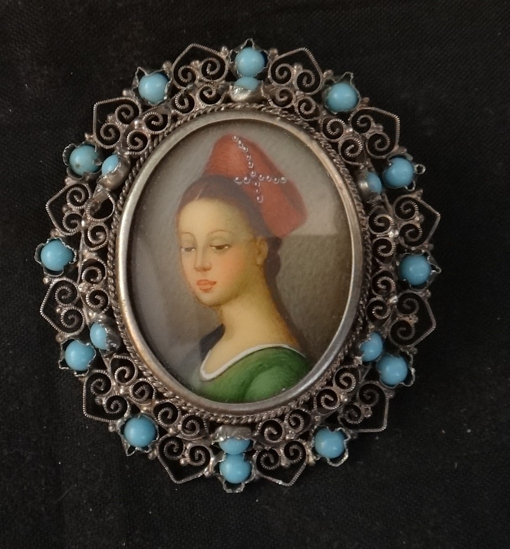 Antique Italian 800 Silver Miniature painting: Antique Italian 800 Silver Miniature painting set with turquoise colored glass cabochons. Marked 800. Overall measures 1 ¾” x 1 ¼”. Painting is 1 1/8” x ¾”