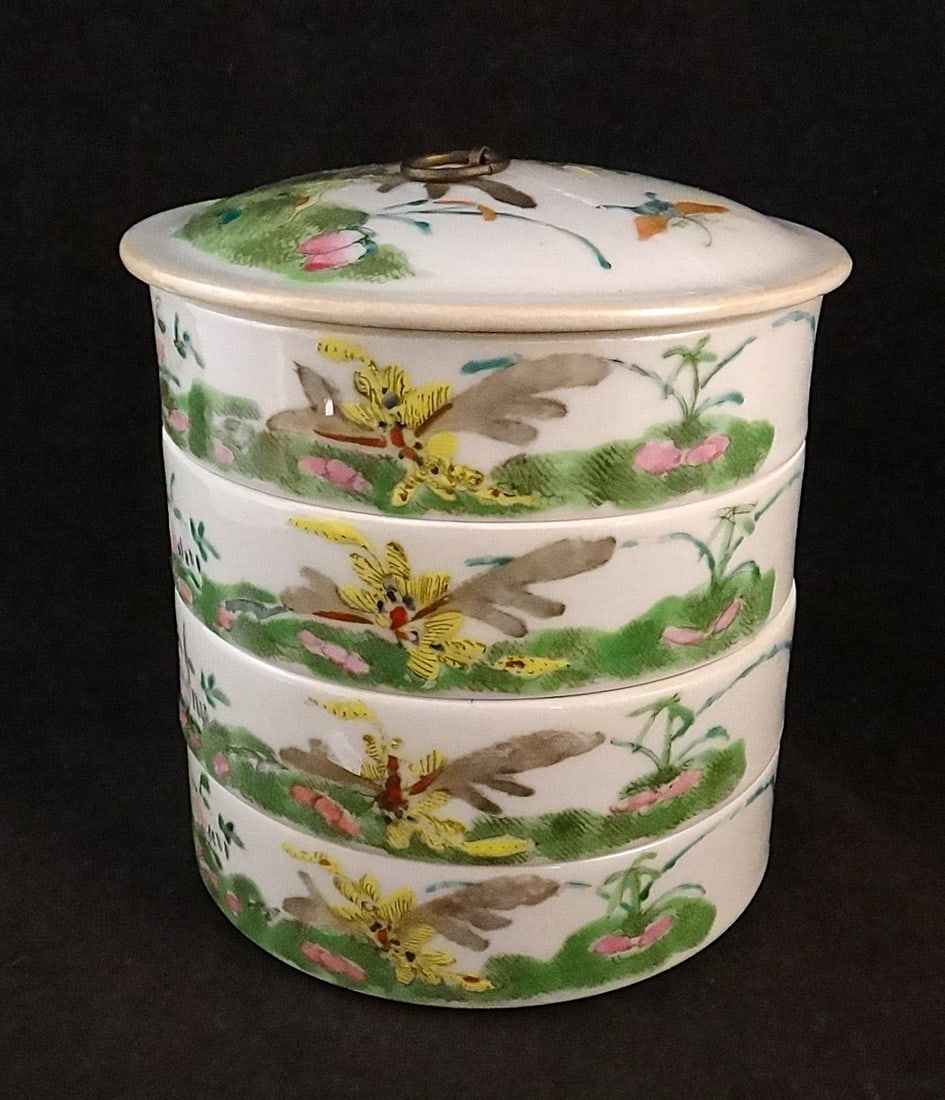 Antique Chinese Guangxu Porcelain 4 Stack Porcelain Circular Food Bowls: Antique Chinese Guangxu Porcelain 4 Stack Porcelain Circular Food Bowls with Domed Lid. Finely Painted Floral Designs with Butterflies on the Exterior. Guangxu period (1875-1908). Overall 5