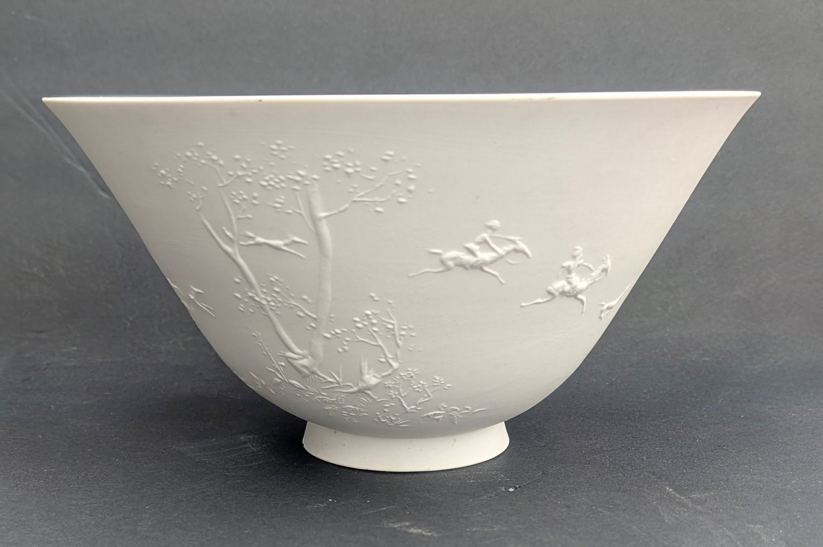 Vintage 1940's Berlin Germany Porcelain Bowl with Hunt Scene: Vintage 1940's Berlin Germany Porcelain Bowl with Hunt Scene with Horseman, Dogs & Deer in a Forest setting. Unglazed outside & glazed interior. 9" diameter x 4 3/4" tall. Berlin blue scepter mark