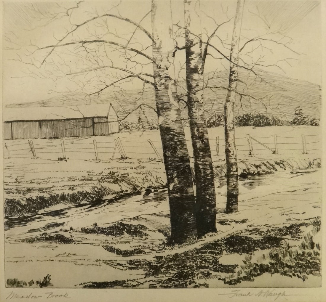 Frank Waugh Etching: Meadow Brook. Circa 1952.: Frank Waugh Etching: Meadow Brook. Circa 1952. Features brook flowing around trees with meadow & barn in the distance. Artist pencil signed lower right & titled in pencil lower left. Print size