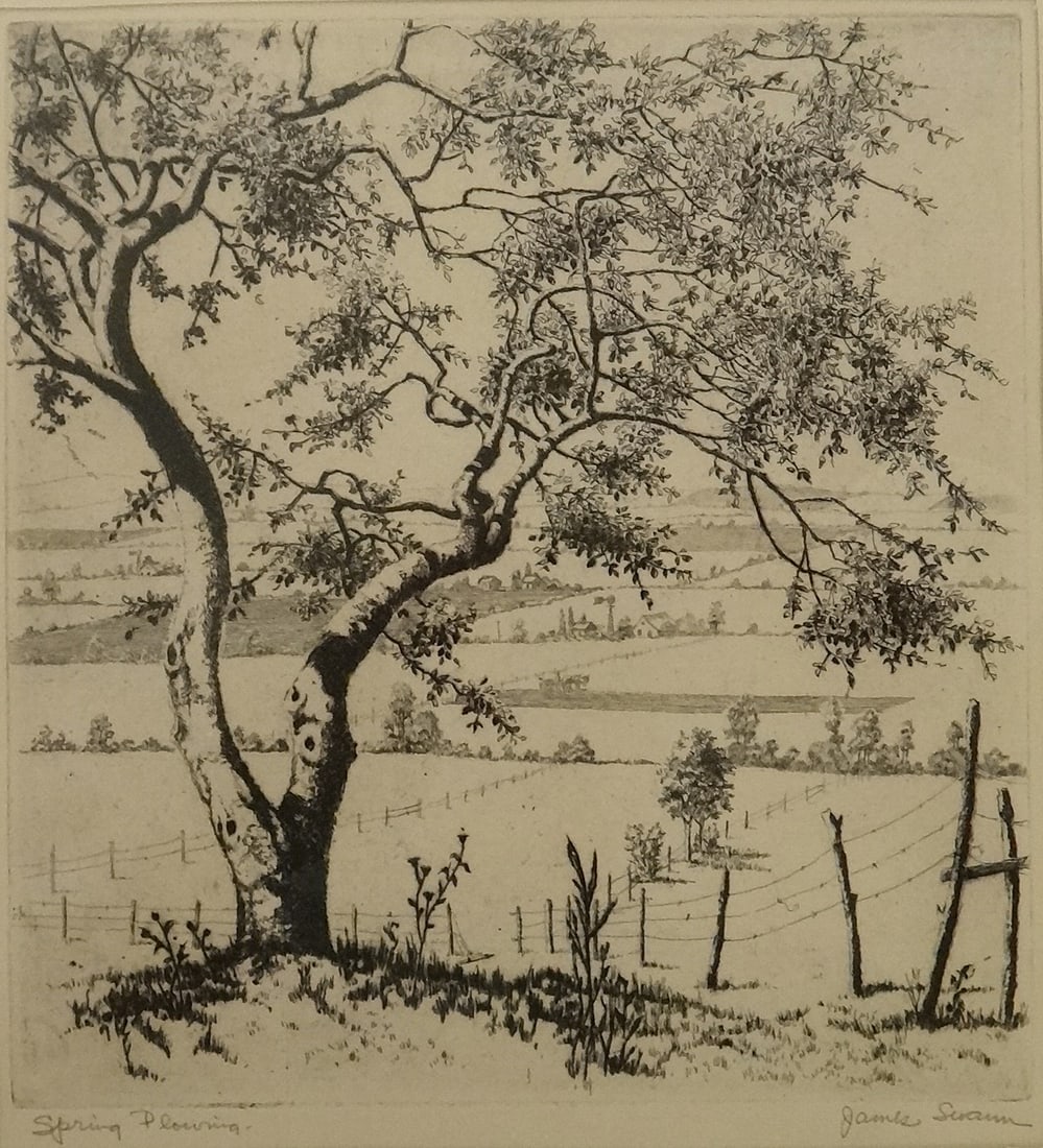 James Swann Etching: Spring Plowing. Circa 1952.: James Swann (1905-1985) Etching: Spring Plowing. Circa 1952. Large tree in the foreground & trees and fields in the distance. Artist pencil signed lower right & titled in pencil lower left. Print