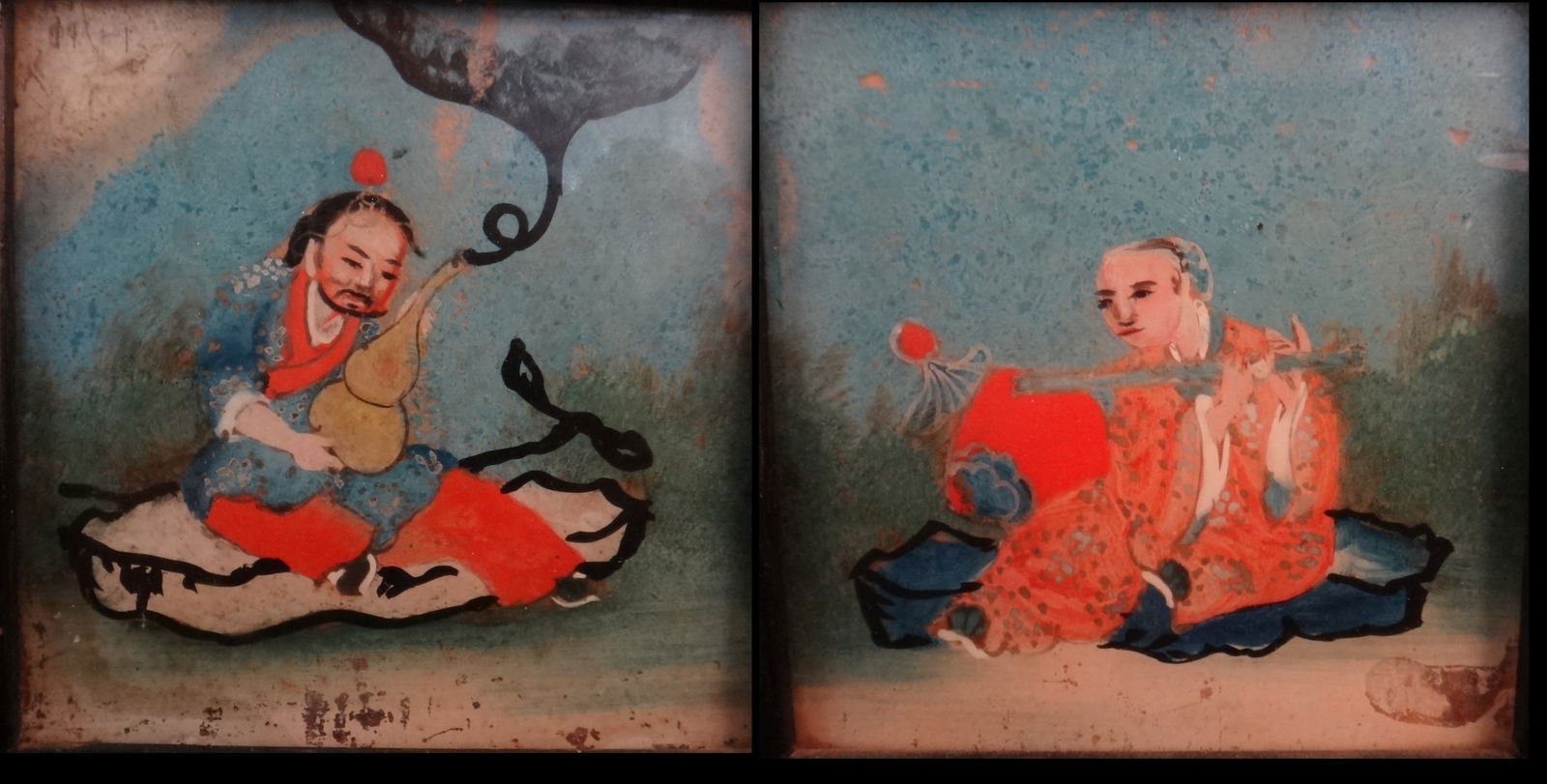 Pair of Antique Chinese Reverse Paintings on Glass of Deities: Pair of Antique Chinese Reverse Paintings on Glass of Deities. One of Li Tieguai, one of the 8 Daoist Immortals & Patron Saint of Physicians, the other a seated figure on rocks. Late 19th c. Qing