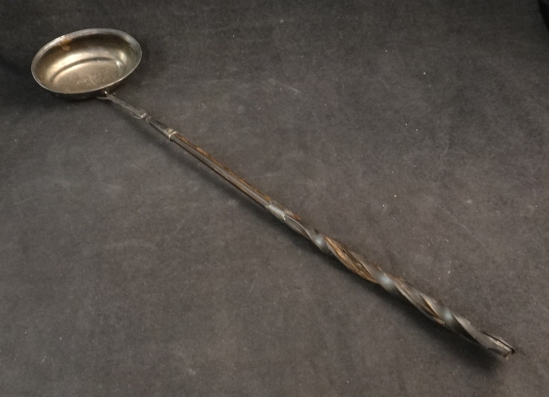 1795 London Sterling Ladle with inset Shilling – Balleen handle.: 1795 London Sterling Ladle with inset Shilling – Balleen handle. Marked HC, Henrey Chawner. 15” length. Bowl is 3 ½” x 2 ¼”. Marked on the bottom: from M.B.